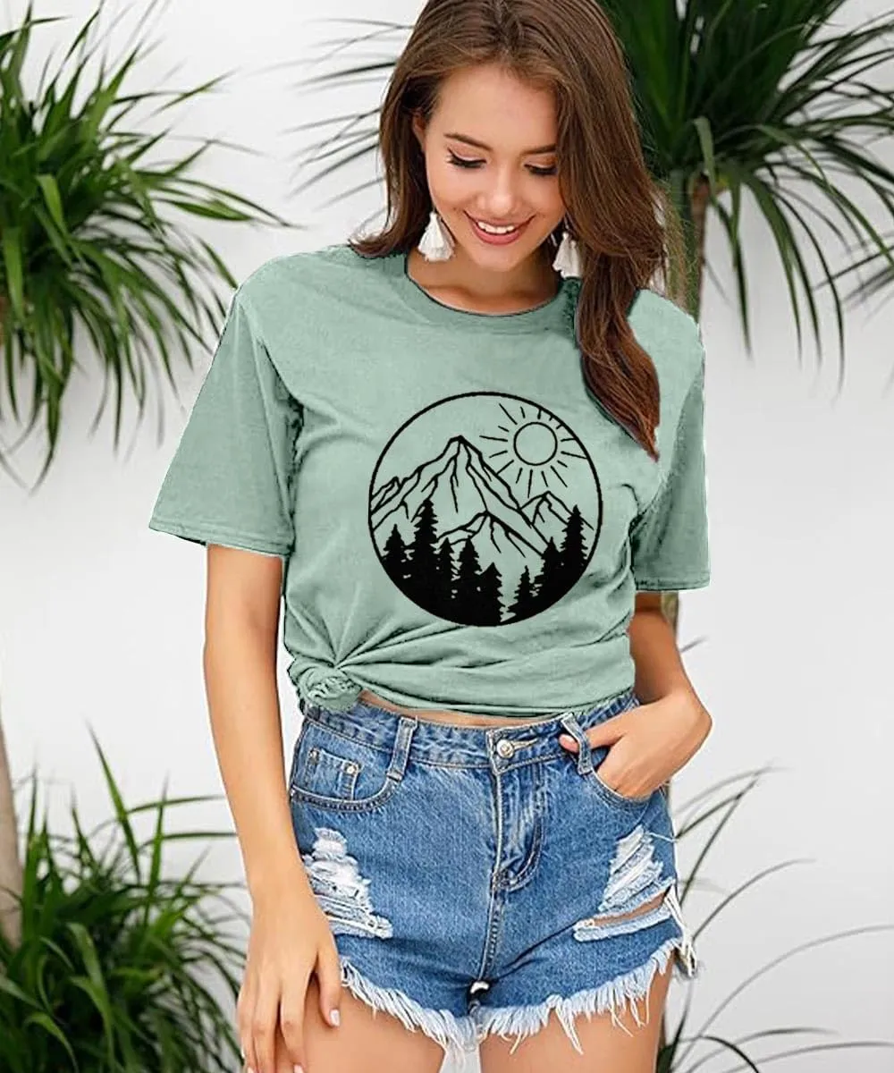Adventure Awaits Shirts for Women Cute Sunrise Eagle Graphic Hiking T Shirts Outdoor Casual Short Sleeve Wildflower Tops