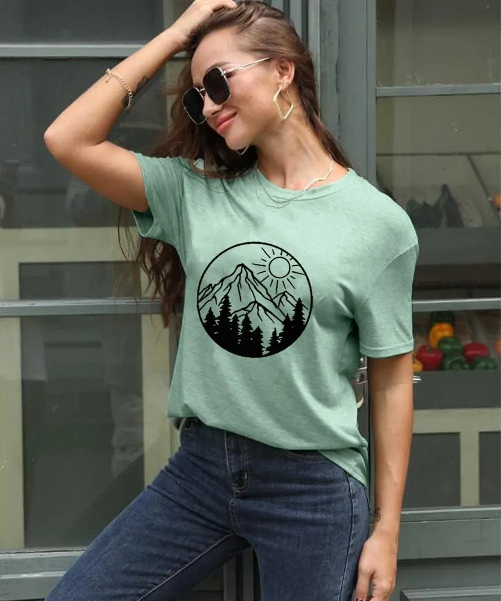Adventure Awaits Shirts for Women Cute Sunrise Eagle Graphic Hiking T Shirts Outdoor Casual Short Sleeve Wildflower Tops