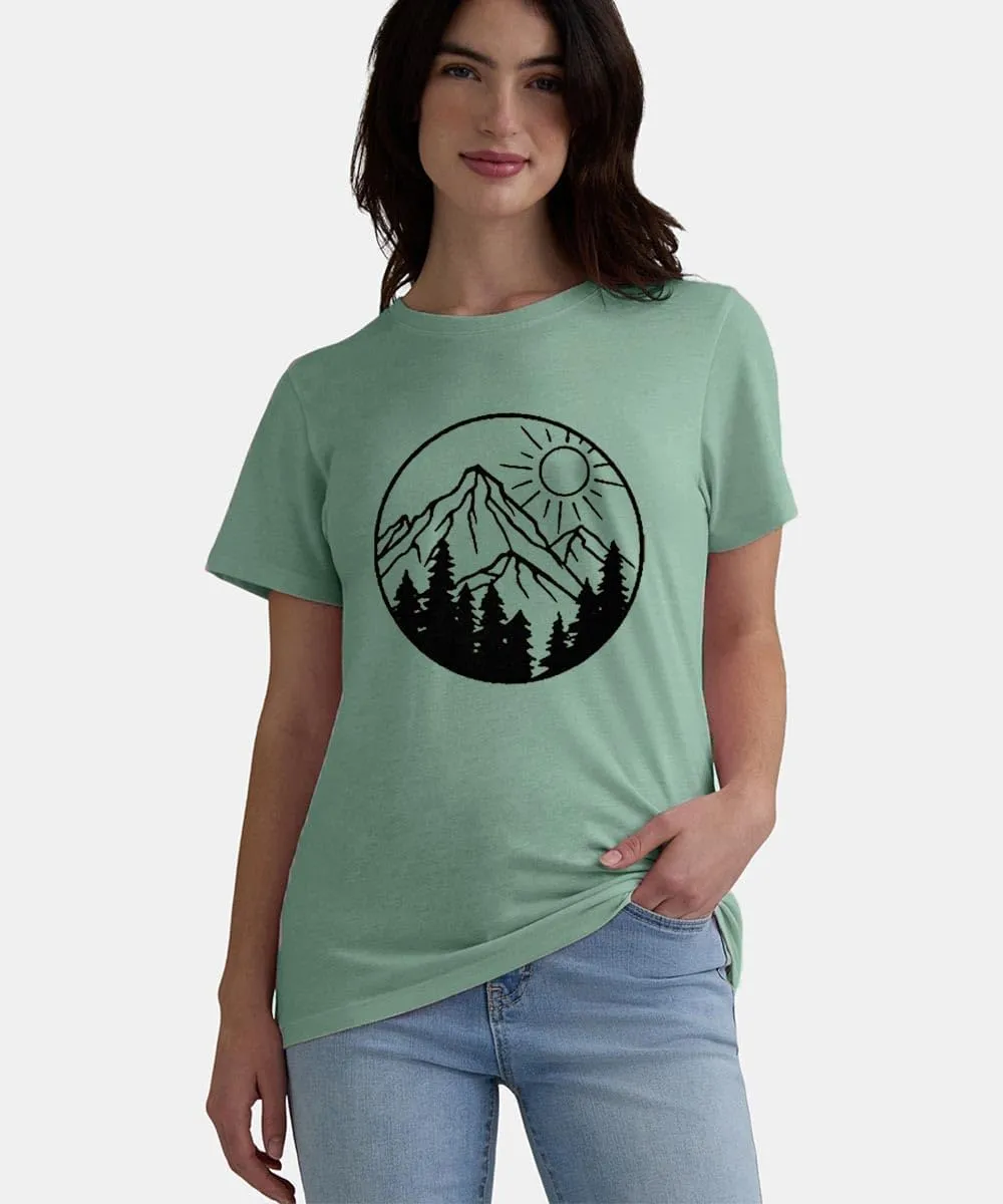 Adventure Awaits Shirts for Women Cute Sunrise Eagle Graphic Hiking T Shirts Outdoor Casual Short Sleeve Wildflower Tops