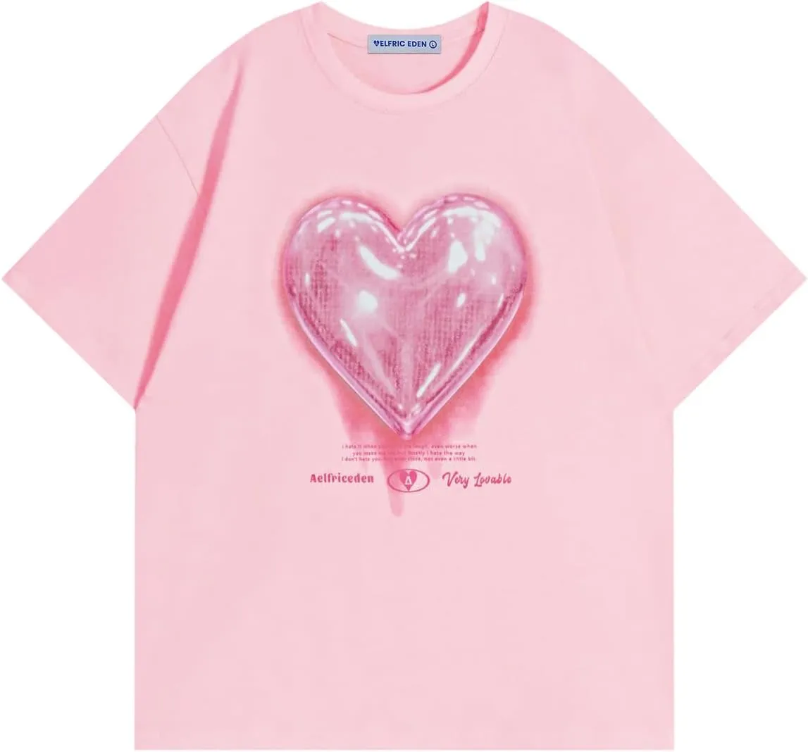 Aelfric Eden Women Love Balloon Graphic Tees Summer Short Sleeve Printed Cotton T Shirts Casual Harajuku Tops