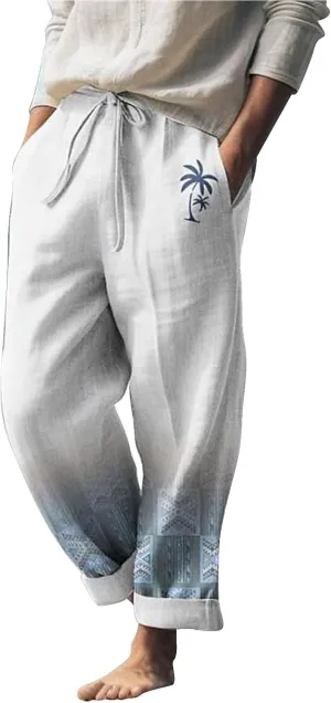 aihihe Men's Summer Linen Pants Elastic Waist Lightweight Casual Pants Loose Fit Pocketed Beach Trousers Big and Tall Slacks