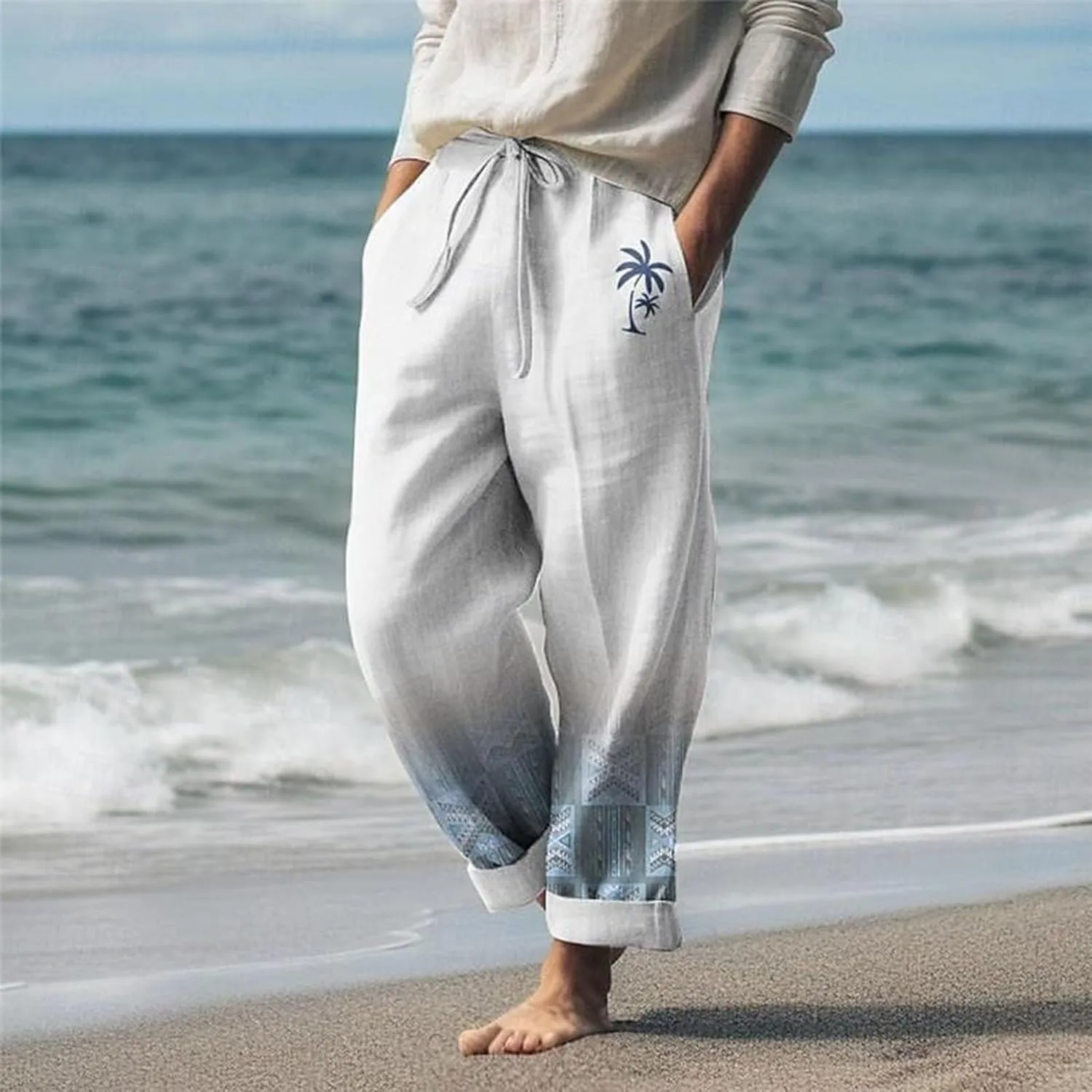 aihihe Men's Summer Linen Pants Elastic Waist Lightweight Casual Pants Loose Fit Pocketed Beach Trousers Big and Tall Slacks