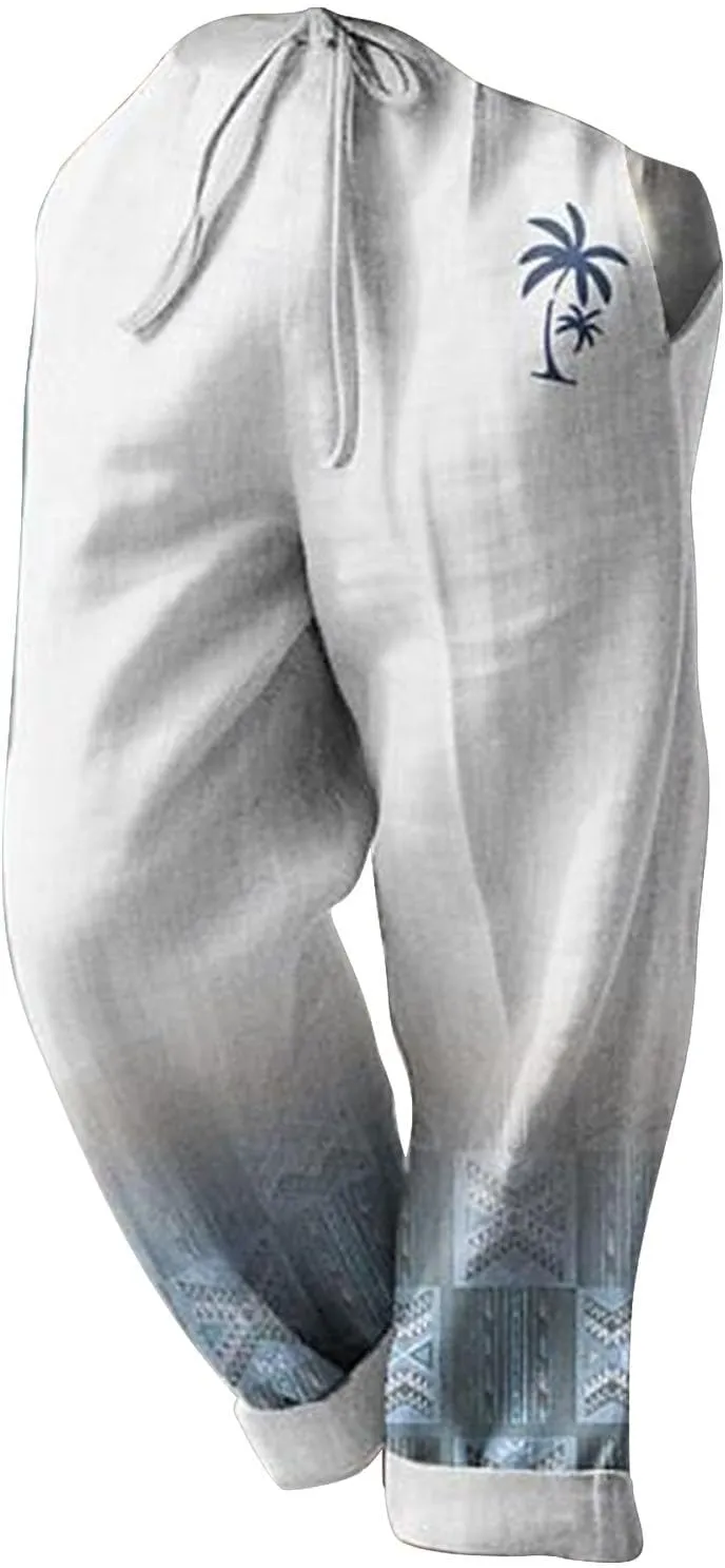 aihihe Men's Summer Linen Pants Elastic Waist Lightweight Casual Pants Loose Fit Pocketed Beach Trousers Big and Tall Slacks