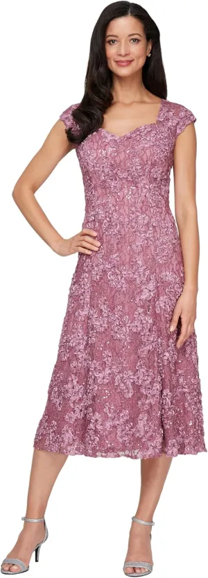 Alex Evenings Women's Midi Stretch Lace & Sequin Formal Dress, Wedding Guest, Mother of The Bride (Petite and Regular Sizes)