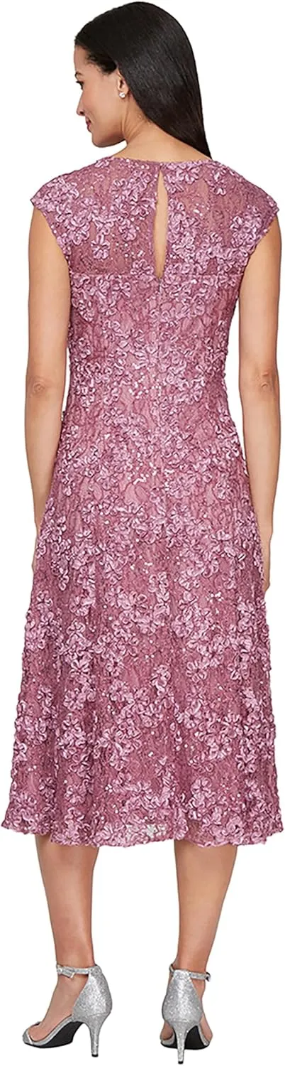 Alex Evenings Women's Midi Stretch Lace & Sequin Formal Dress, Wedding Guest, Mother of The Bride (Petite and Regular Sizes)