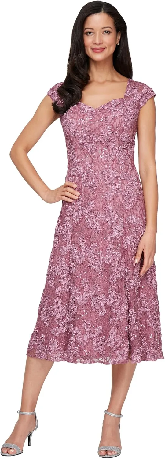 Alex Evenings Women's Midi Stretch Lace & Sequin Formal Dress, Wedding Guest, Mother of The Bride (Petite and Regular Sizes)