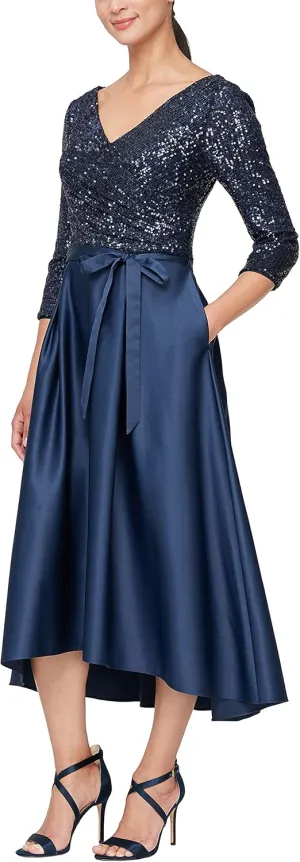 Alex Evenings Women's Satin Ballgown Formal Event Dress with Pockets and Tie Belt (Petite and Regular Sizes)