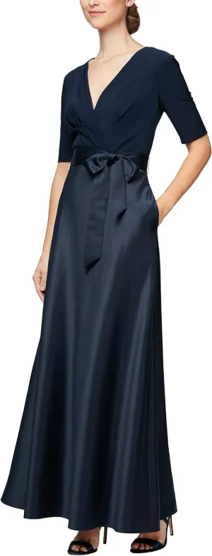 Alex Evenings Women's Satin Ballgown Formal Event Dress with Pockets and Tie Belt (Petite and Regular Sizes)