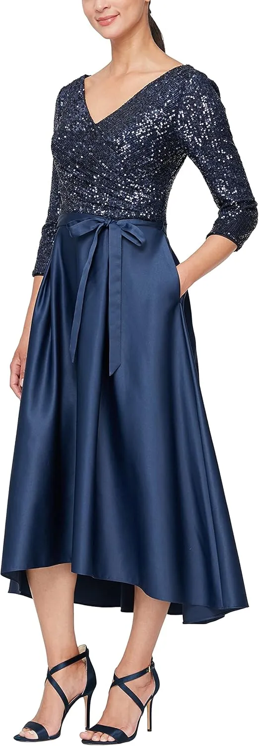 Alex Evenings Women's Satin Ballgown Formal Event Dress with Pockets and Tie Belt (Petite and Regular Sizes)