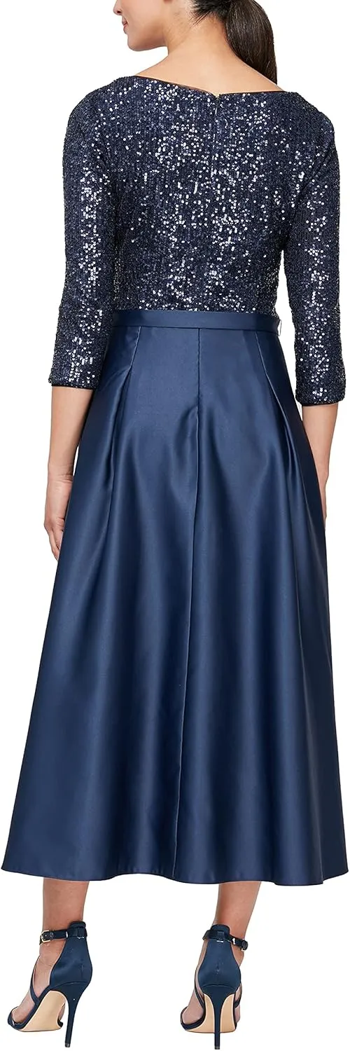 Alex Evenings Women's Satin Ballgown Formal Event Dress with Pockets and Tie Belt (Petite and Regular Sizes)
