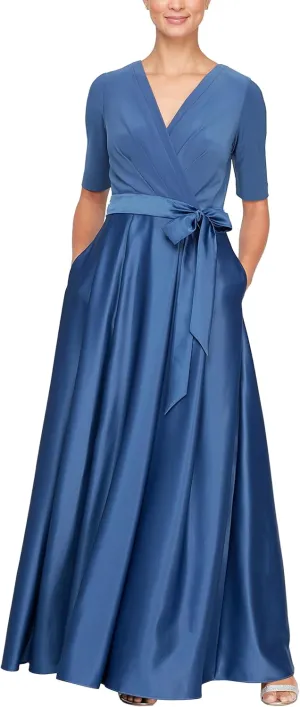 Alex Evenings Women's Satin Ballgown Formal Event Dress with Pockets and Tie Belt (Petite and Regular Sizes)