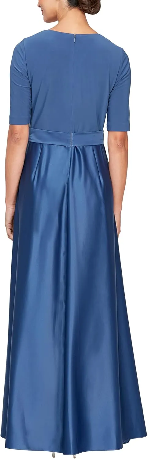 Alex Evenings Women's Satin Ballgown Formal Event Dress with Pockets and Tie Belt (Petite and Regular Sizes)