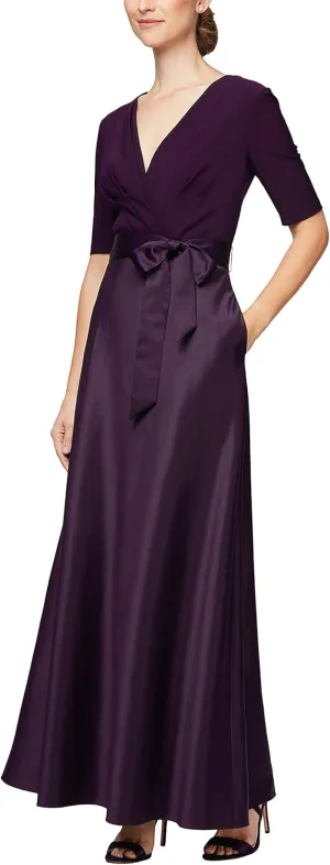 Alex Evenings Women's Satin Ballgown Formal Event Dress with Pockets and Tie Belt (Petite and Regular Sizes)