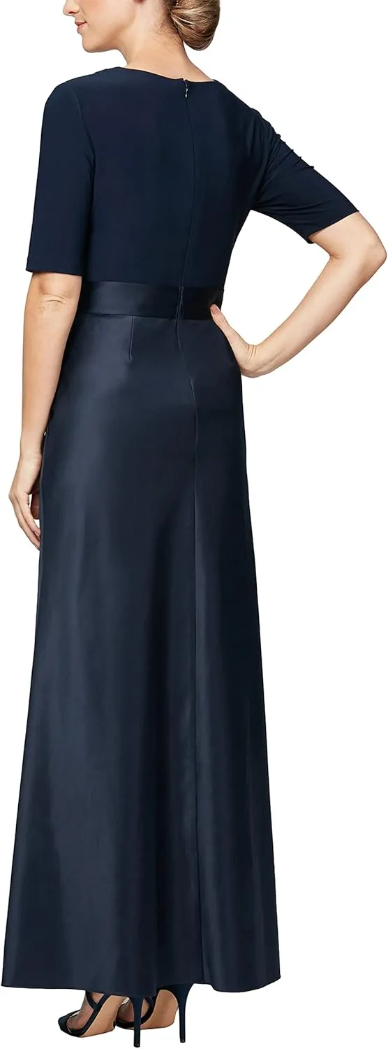 Alex Evenings Women's Satin Ballgown Formal Event Dress with Pockets and Tie Belt (Petite and Regular Sizes)