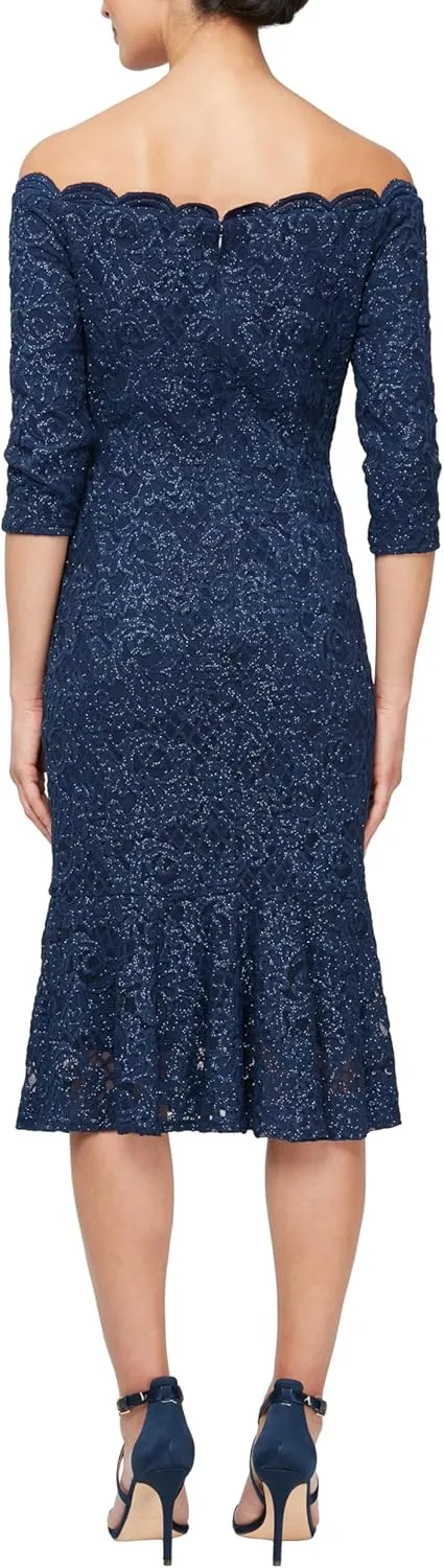 Alex Evenings Women's Short Off The Shoulder Lace Cocktail Dress, Formal Events, Wedding Guest, Mother of The Bride