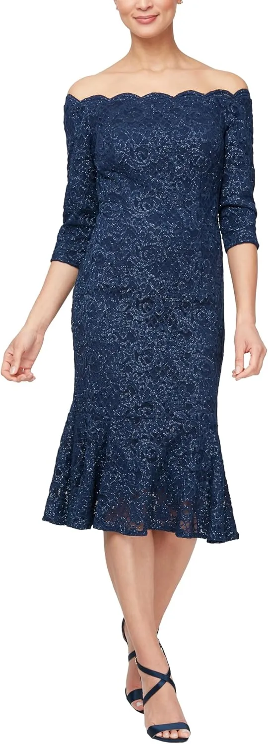 Alex Evenings Women's Short Off The Shoulder Lace Cocktail Dress, Formal Events, Wedding Guest, Mother of The Bride