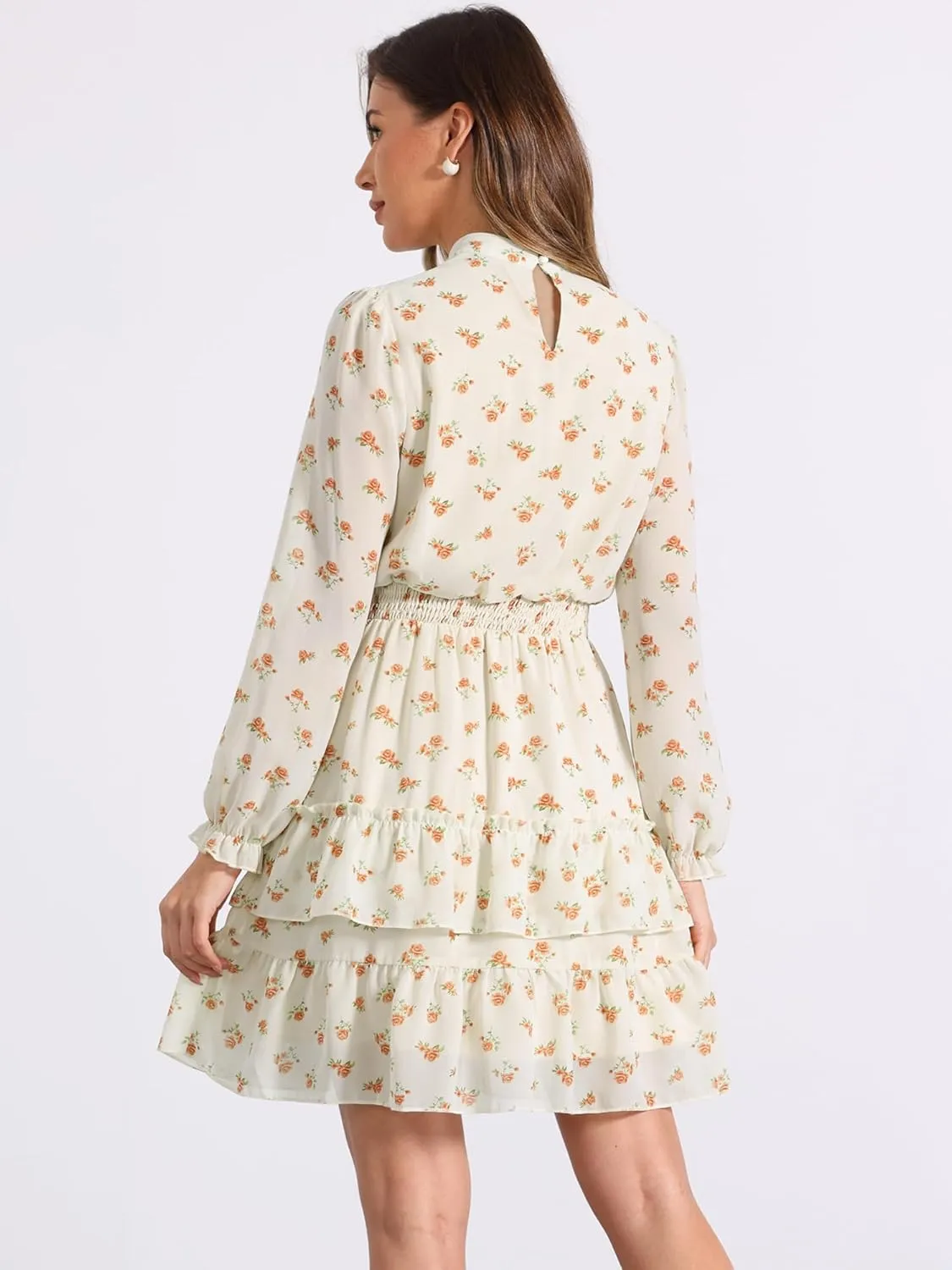 Allegra K Women's Smocked Waist Sheer Sleeve Ruffle Layers Floral Chiffon Dress