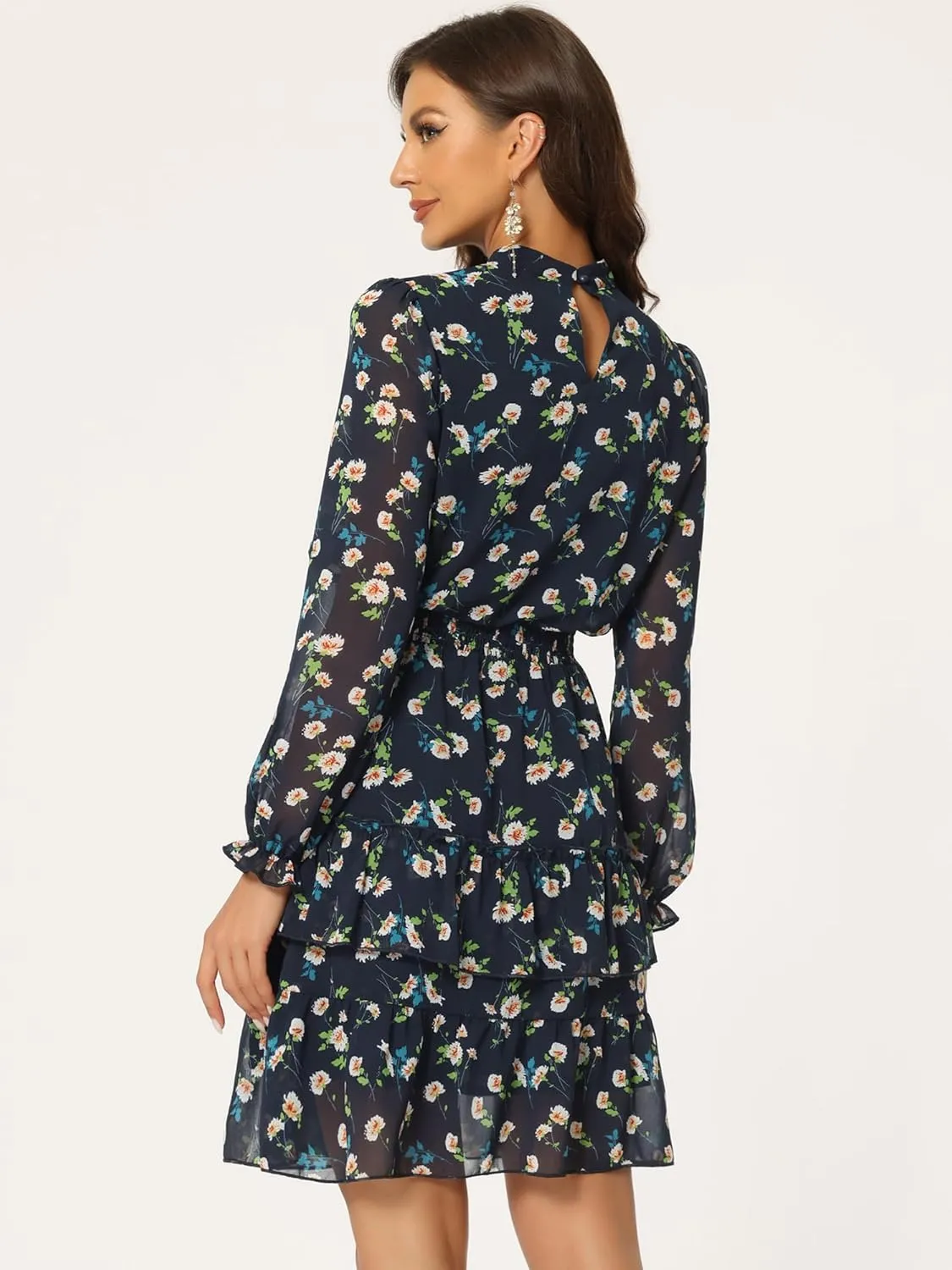 Allegra K Women's Smocked Waist Sheer Sleeve Ruffle Layers Floral Chiffon Dress