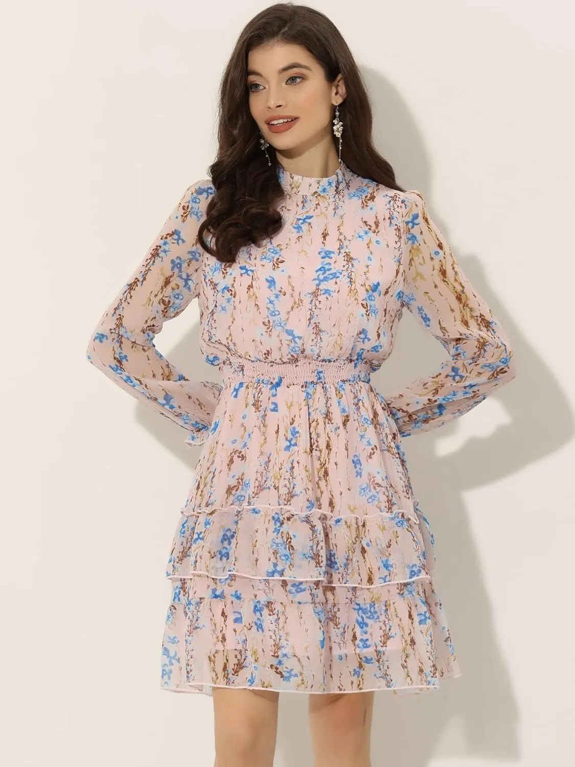 Allegra K Women's Smocked Waist Sheer Sleeve Ruffle Layers Floral Chiffon Dress