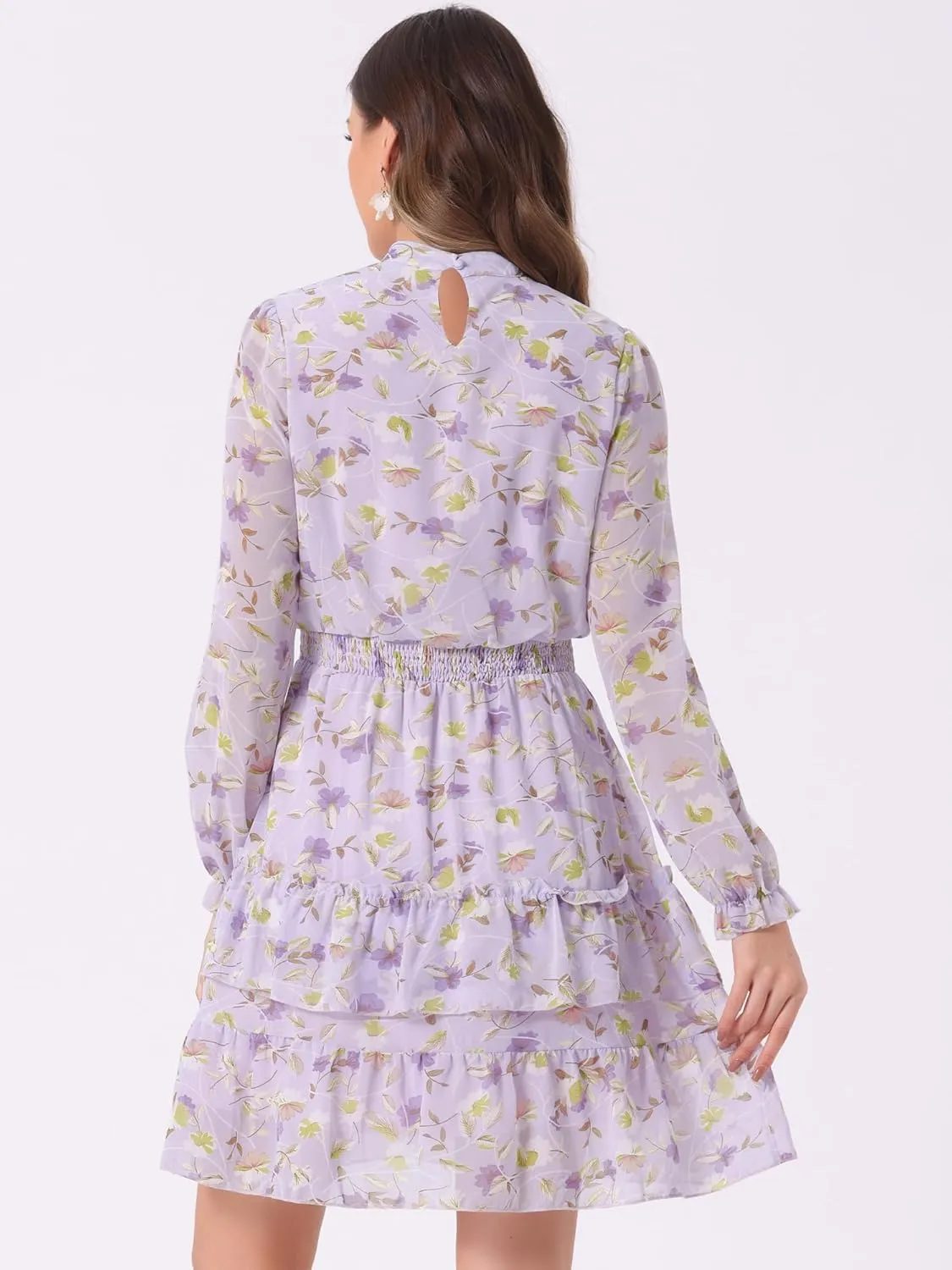 Allegra K Women's Smocked Waist Sheer Sleeve Ruffle Layers Floral Chiffon Dress