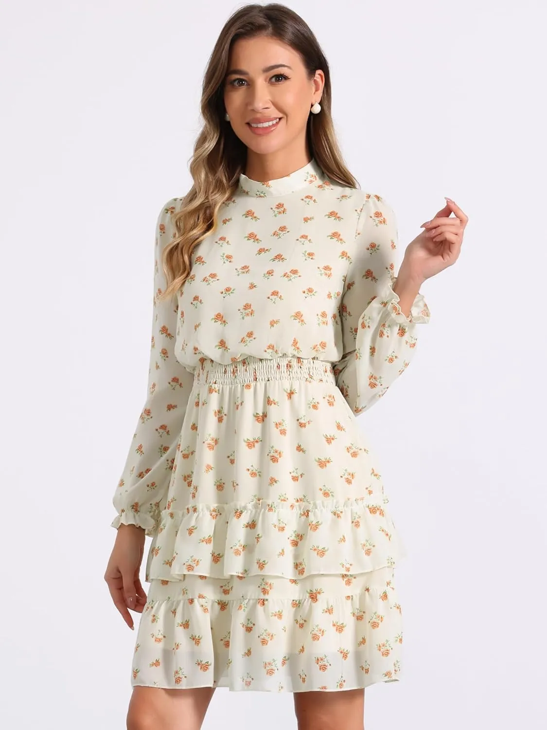 Allegra K Women's Smocked Waist Sheer Sleeve Ruffle Layers Floral Chiffon Dress