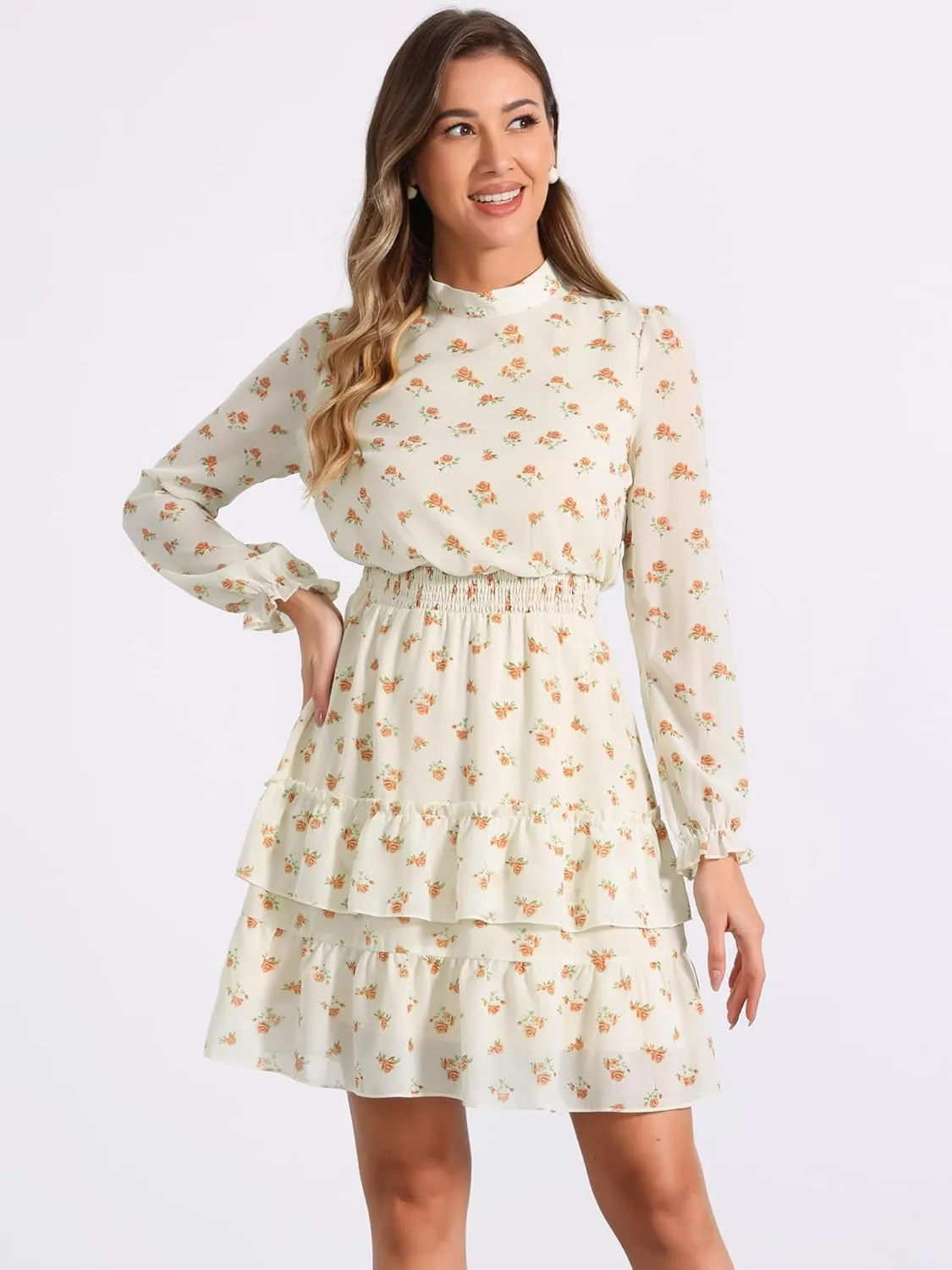 Allegra K Women's Smocked Waist Sheer Sleeve Ruffle Layers Floral Chiffon Dress