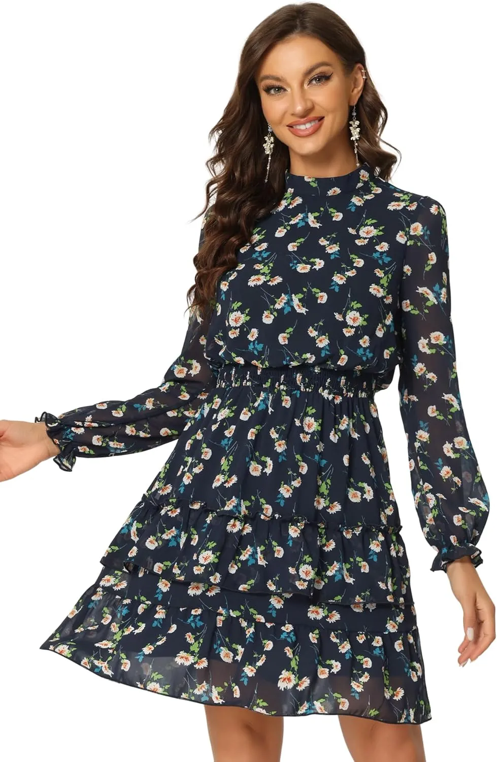 Allegra K Women's Smocked Waist Sheer Sleeve Ruffle Layers Floral Chiffon Dress