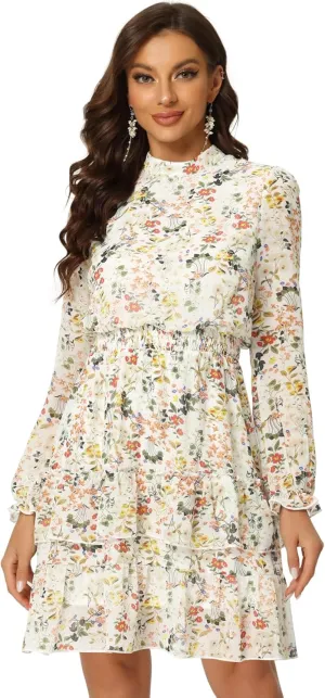 Allegra K Women's Smocked Waist Sheer Sleeve Ruffle Layers Floral Chiffon Dress
