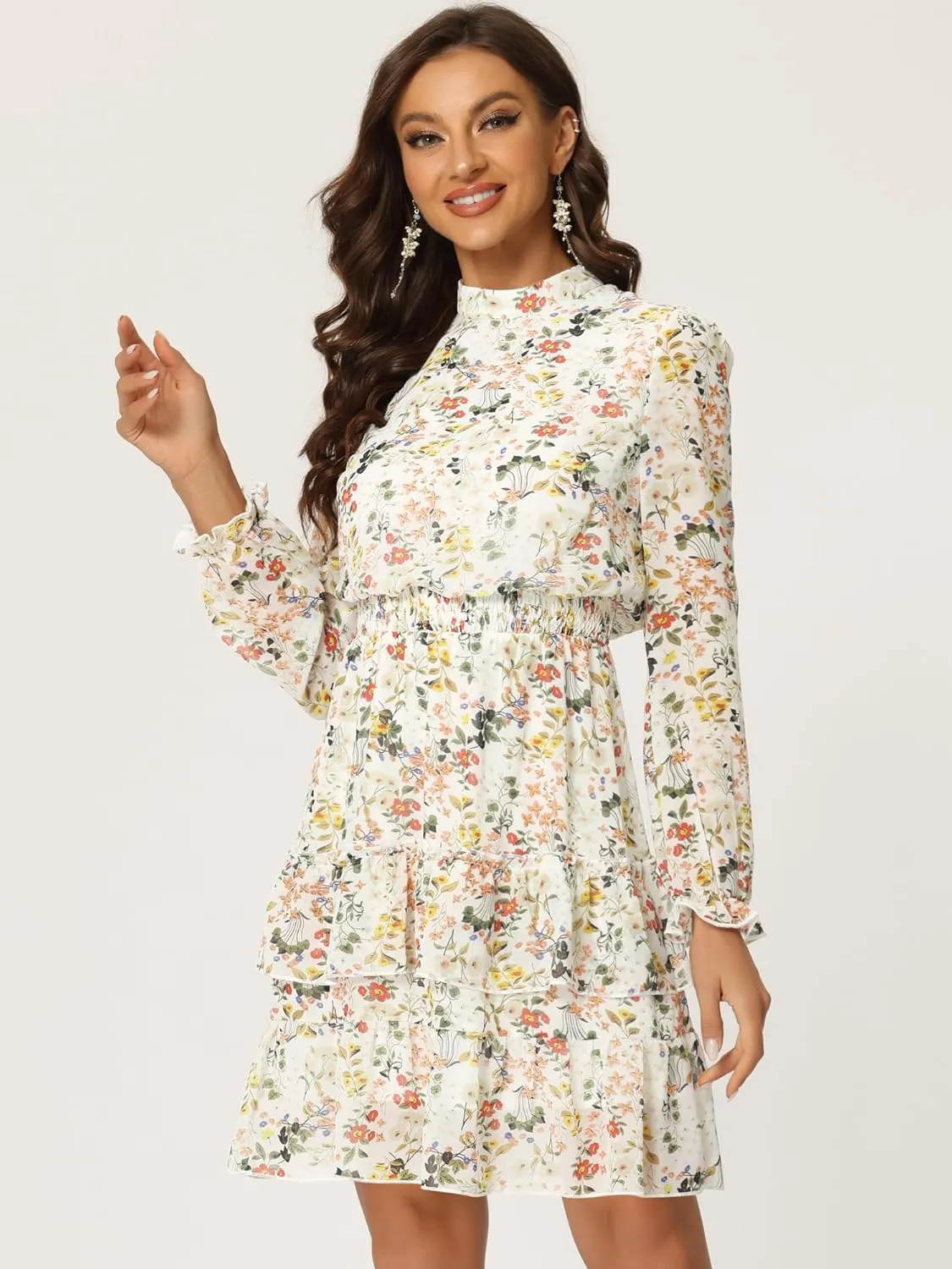 Allegra K Women's Smocked Waist Sheer Sleeve Ruffle Layers Floral Chiffon Dress