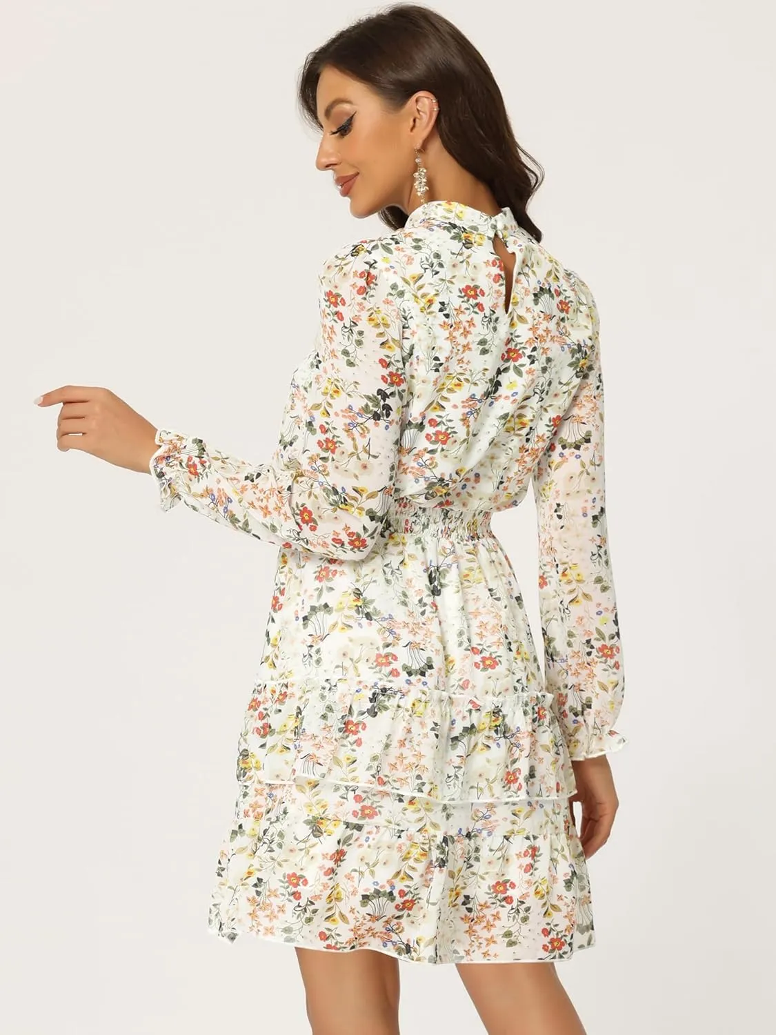 Allegra K Women's Smocked Waist Sheer Sleeve Ruffle Layers Floral Chiffon Dress