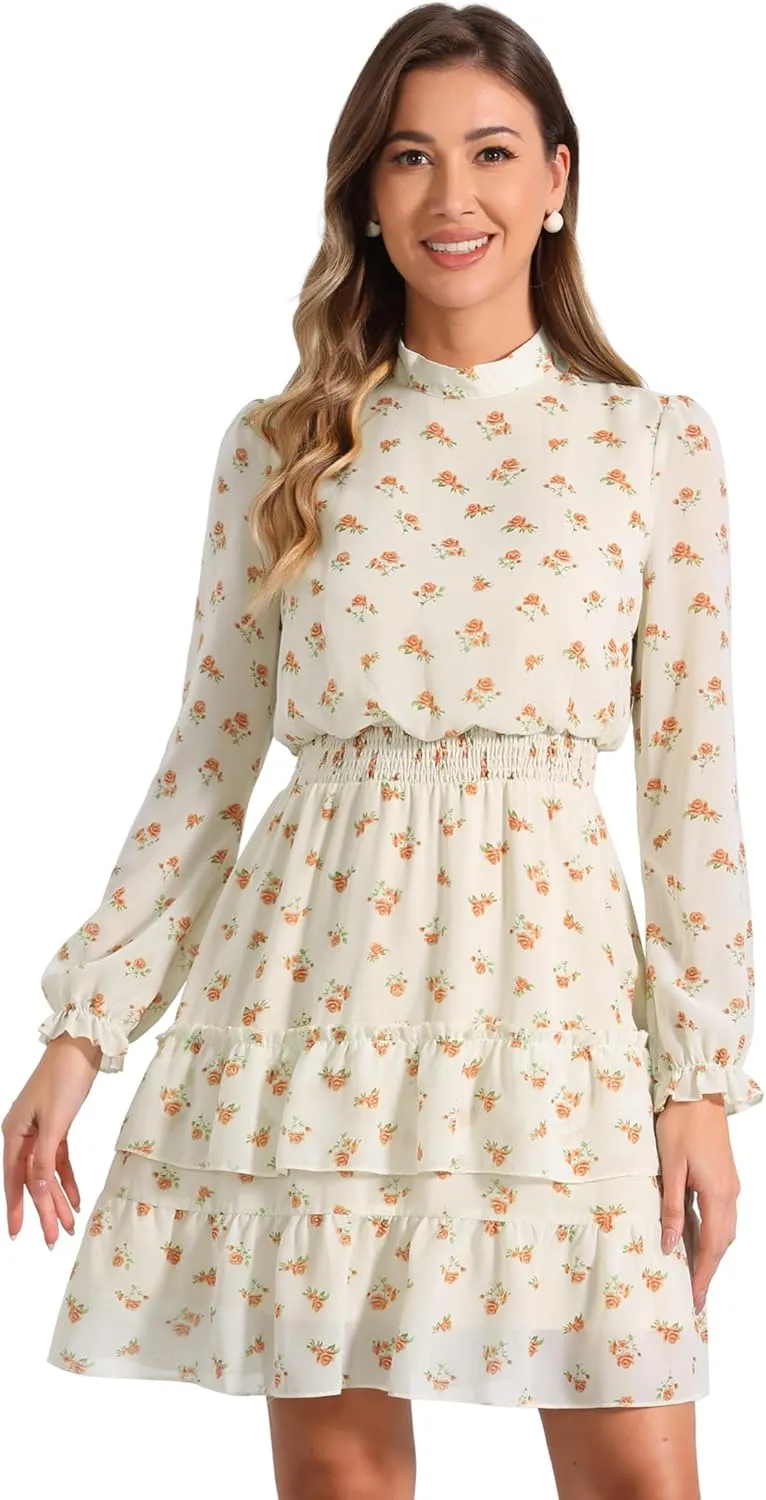 Allegra K Women's Smocked Waist Sheer Sleeve Ruffle Layers Floral Chiffon Dress