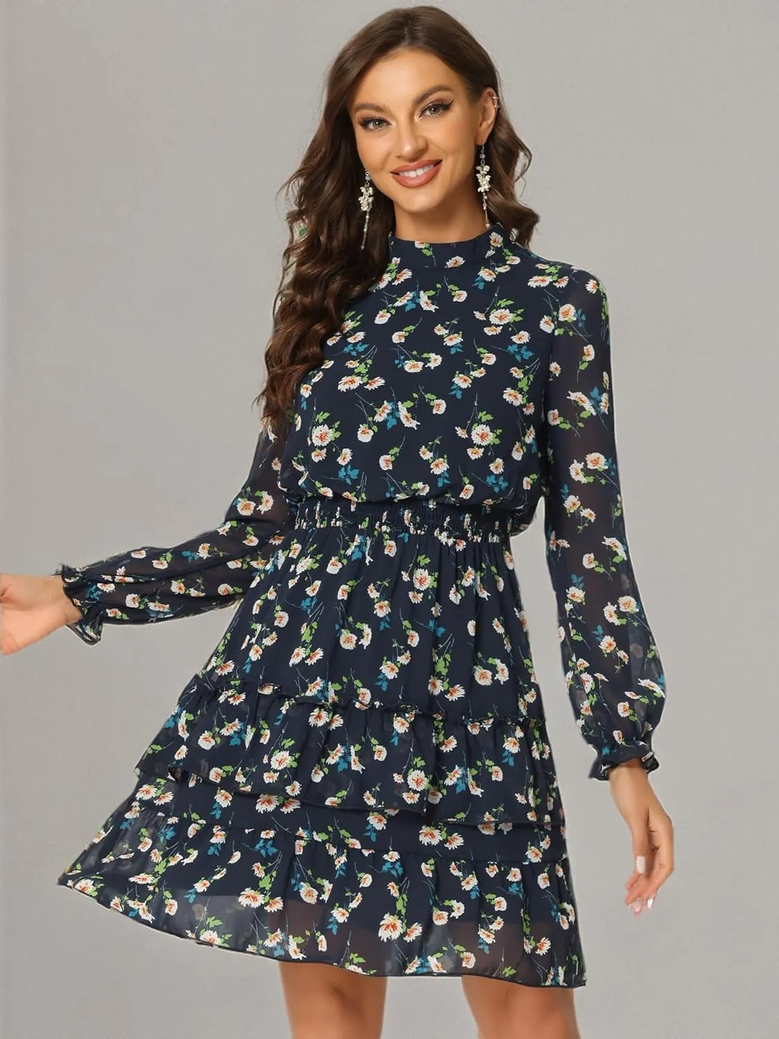 Allegra K Women's Smocked Waist Sheer Sleeve Ruffle Layers Floral Chiffon Dress