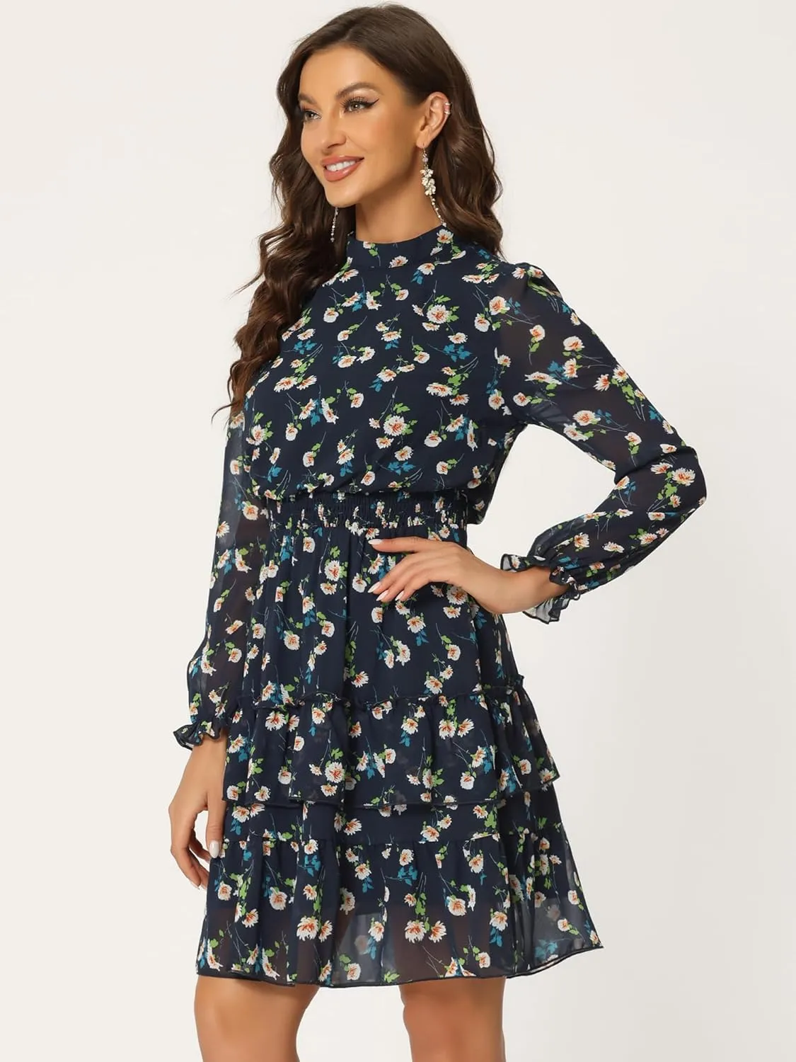 Allegra K Women's Smocked Waist Sheer Sleeve Ruffle Layers Floral Chiffon Dress