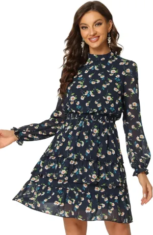 Allegra K Women's Smocked Waist Sheer Sleeve Ruffle Layers Floral Chiffon Dress