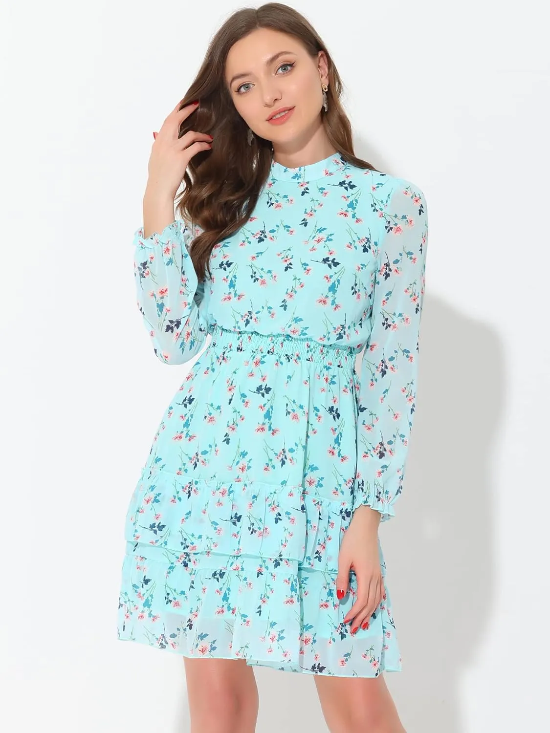 Allegra K Women's Smocked Waist Sheer Sleeve Ruffle Layers Floral Chiffon Dress