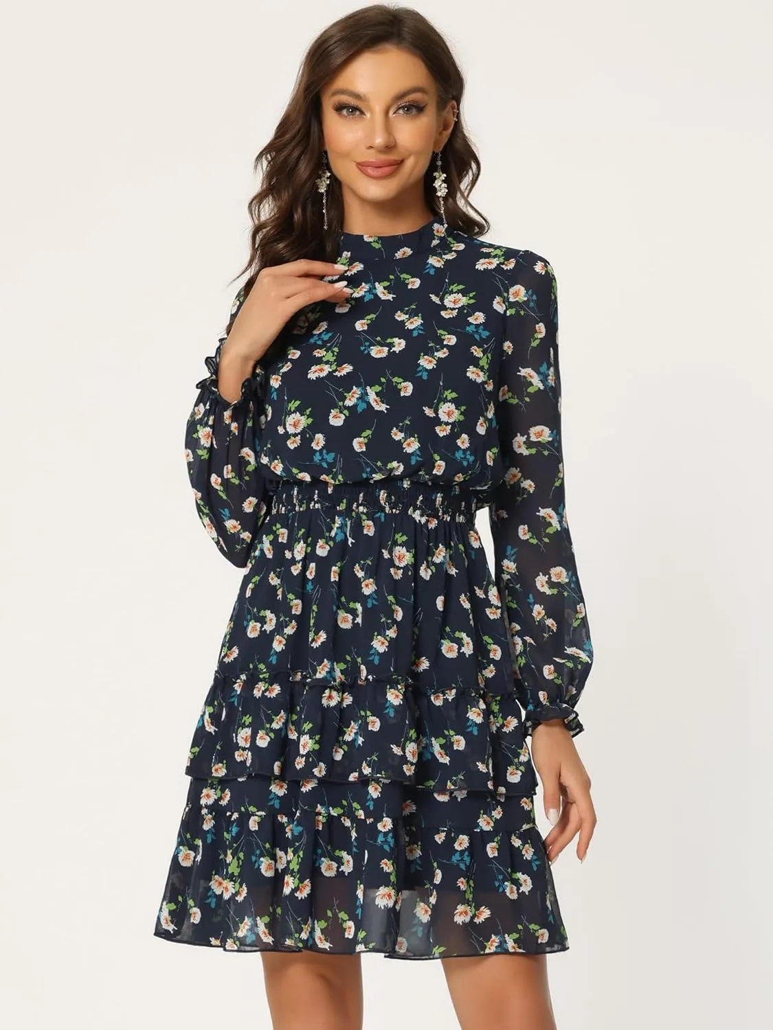 Allegra K Women's Smocked Waist Sheer Sleeve Ruffle Layers Floral Chiffon Dress