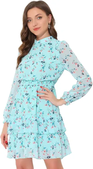Allegra K Women's Smocked Waist Sheer Sleeve Ruffle Layers Floral Chiffon Dress