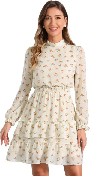 Allegra K Women's Smocked Waist Sheer Sleeve Ruffle Layers Floral Chiffon Dress
