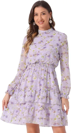 Allegra K Women's Smocked Waist Sheer Sleeve Ruffle Layers Floral Chiffon Dress