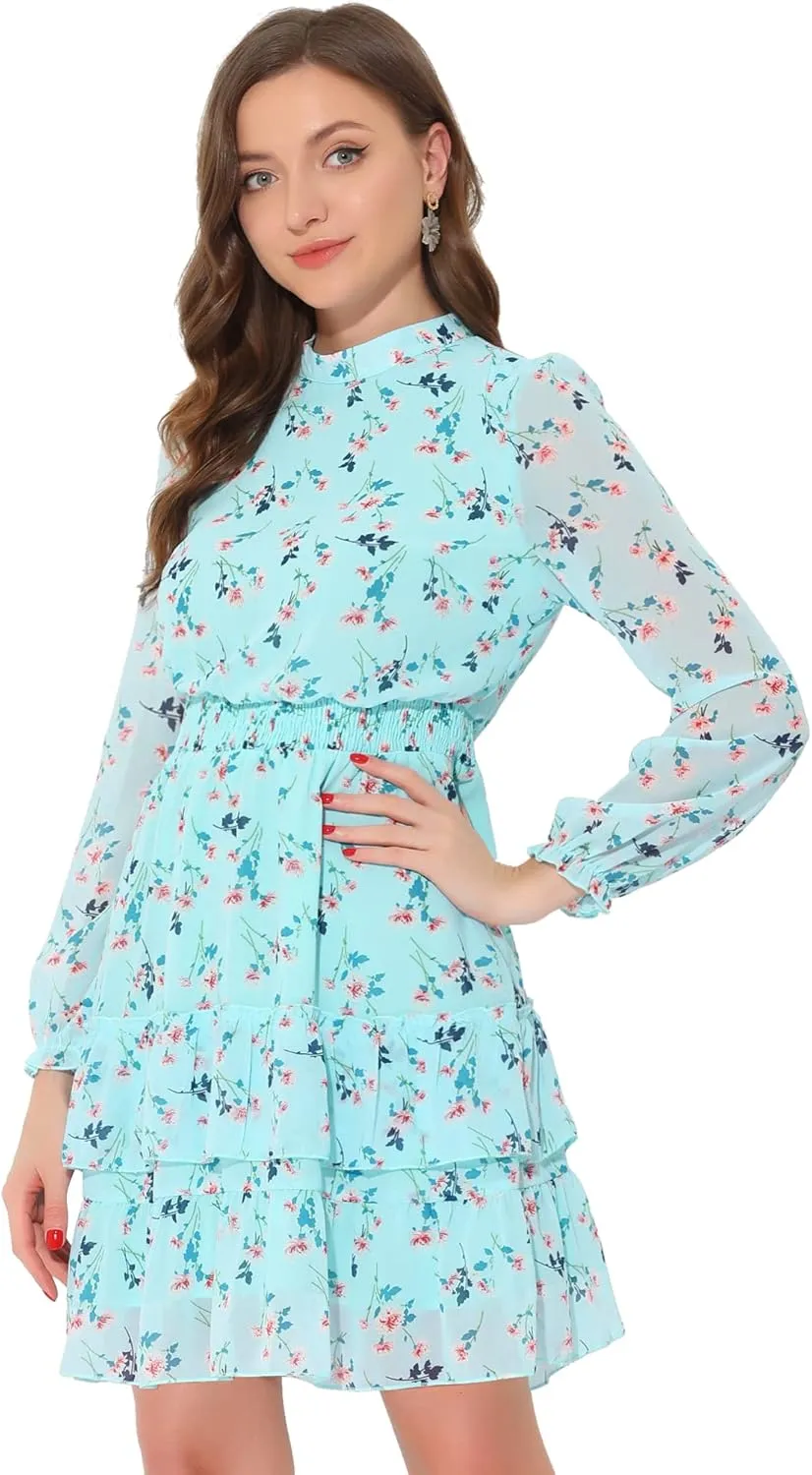 Allegra K Women's Smocked Waist Sheer Sleeve Ruffle Layers Floral Chiffon Dress