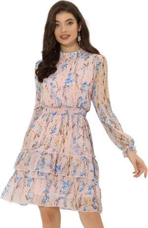Allegra K Women's Smocked Waist Sheer Sleeve Ruffle Layers Floral Chiffon Dress