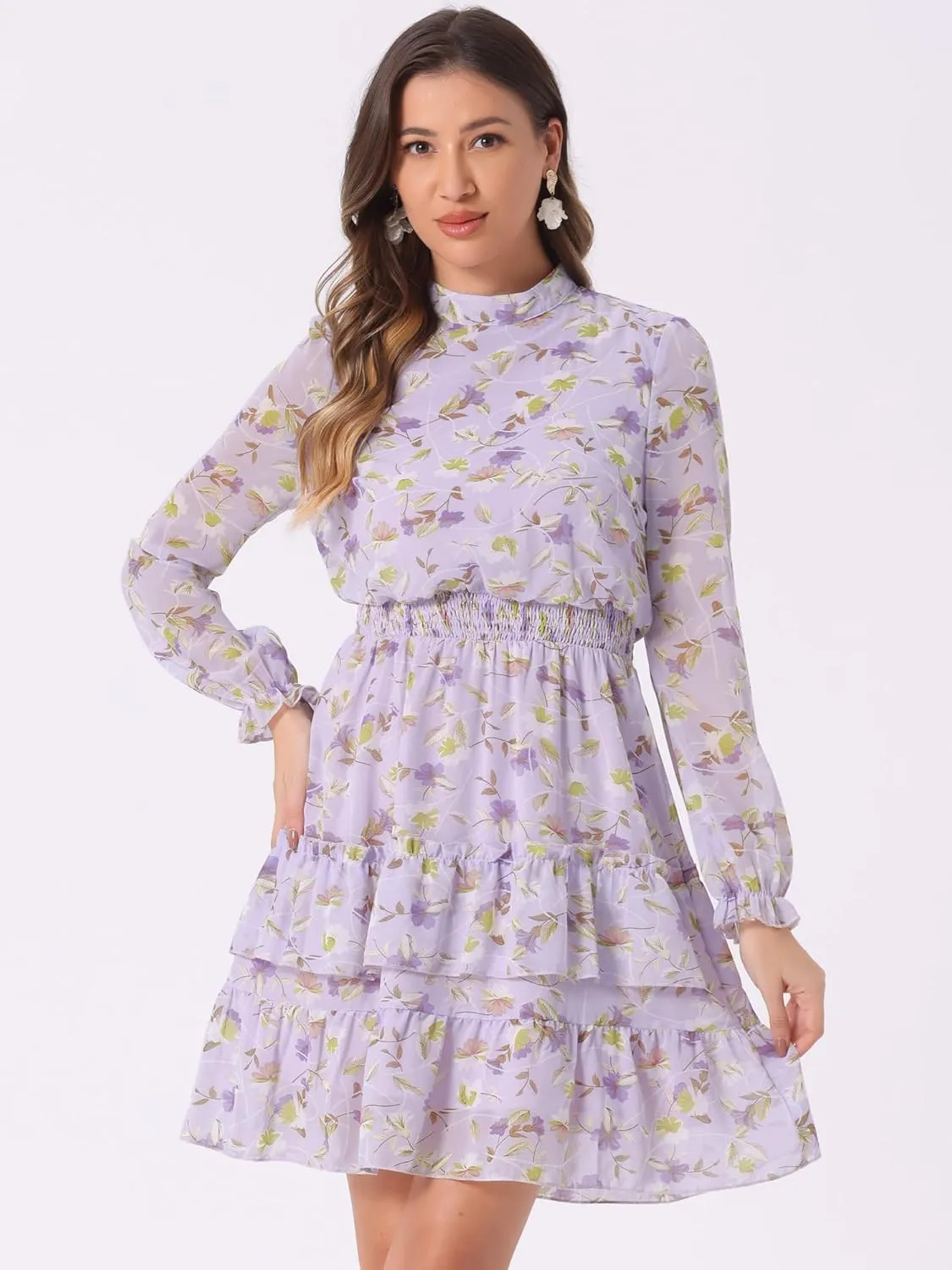 Allegra K Women's Smocked Waist Sheer Sleeve Ruffle Layers Floral Chiffon Dress