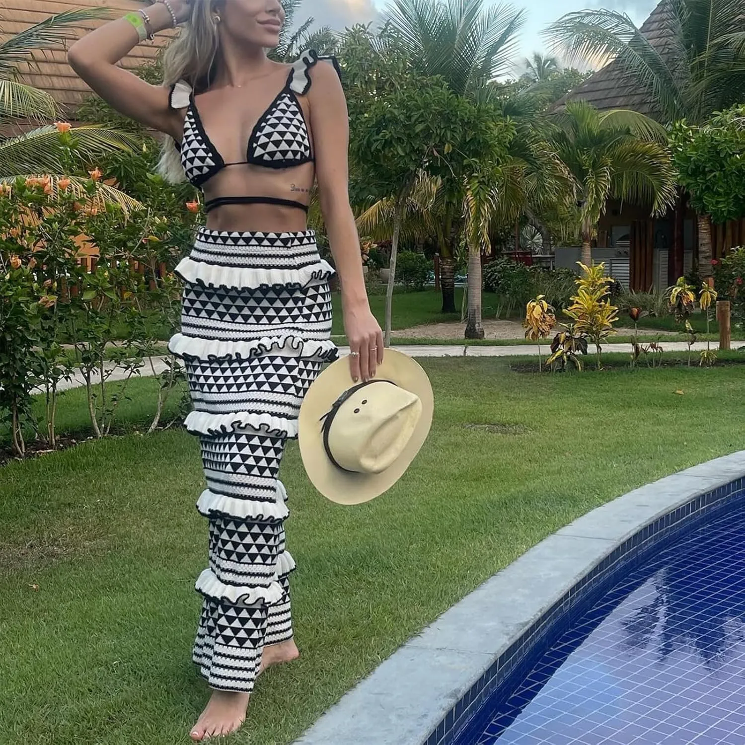 Amiblvowa Crochet Knit Two Piece Sets for Women Summer Hollow Out Crop Tank Top Bodycon High Waist Maxi Skirt Beach Set