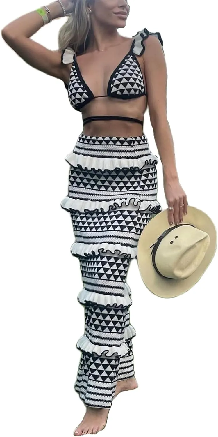 Amiblvowa Crochet Knit Two Piece Sets for Women Summer Hollow Out Crop Tank Top Bodycon High Waist Maxi Skirt Beach Set