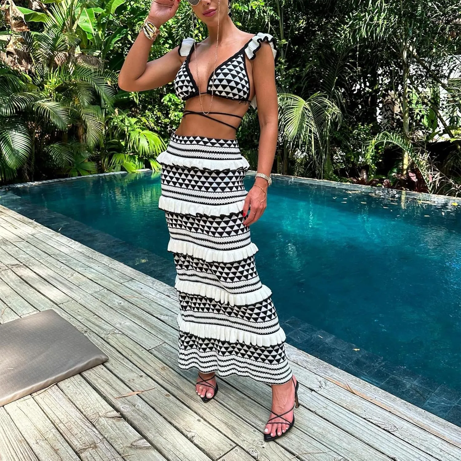 Amiblvowa Crochet Knit Two Piece Sets for Women Summer Hollow Out Crop Tank Top Bodycon High Waist Maxi Skirt Beach Set