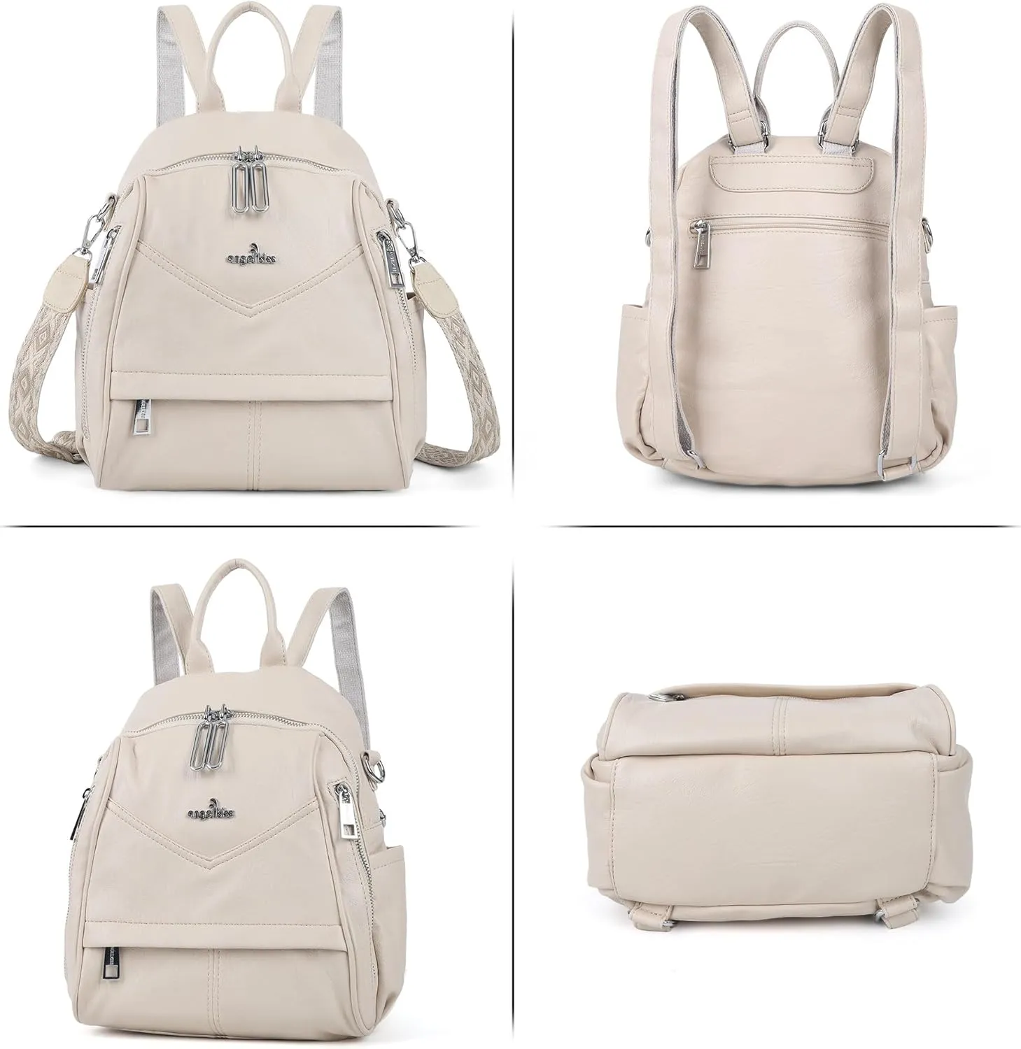 Angel Kiss Small Backpack Purse for Women,Soft Vegan Leather Roomy Backpacks,Designer Ladies Shoulder Backpack Fashion Handbag with Removable Strap,Beige