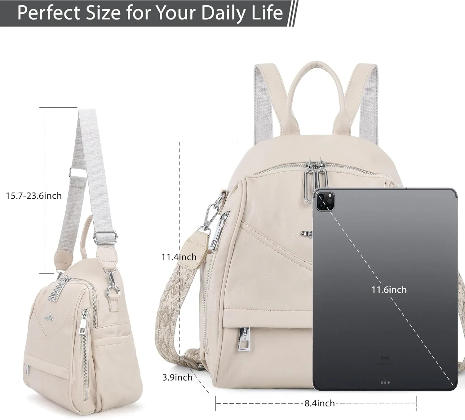Angel Kiss Small Backpack Purse for Women,Soft Vegan Leather Roomy Backpacks,Designer Ladies Shoulder Backpack Fashion Handbag with Removable Strap,Beige