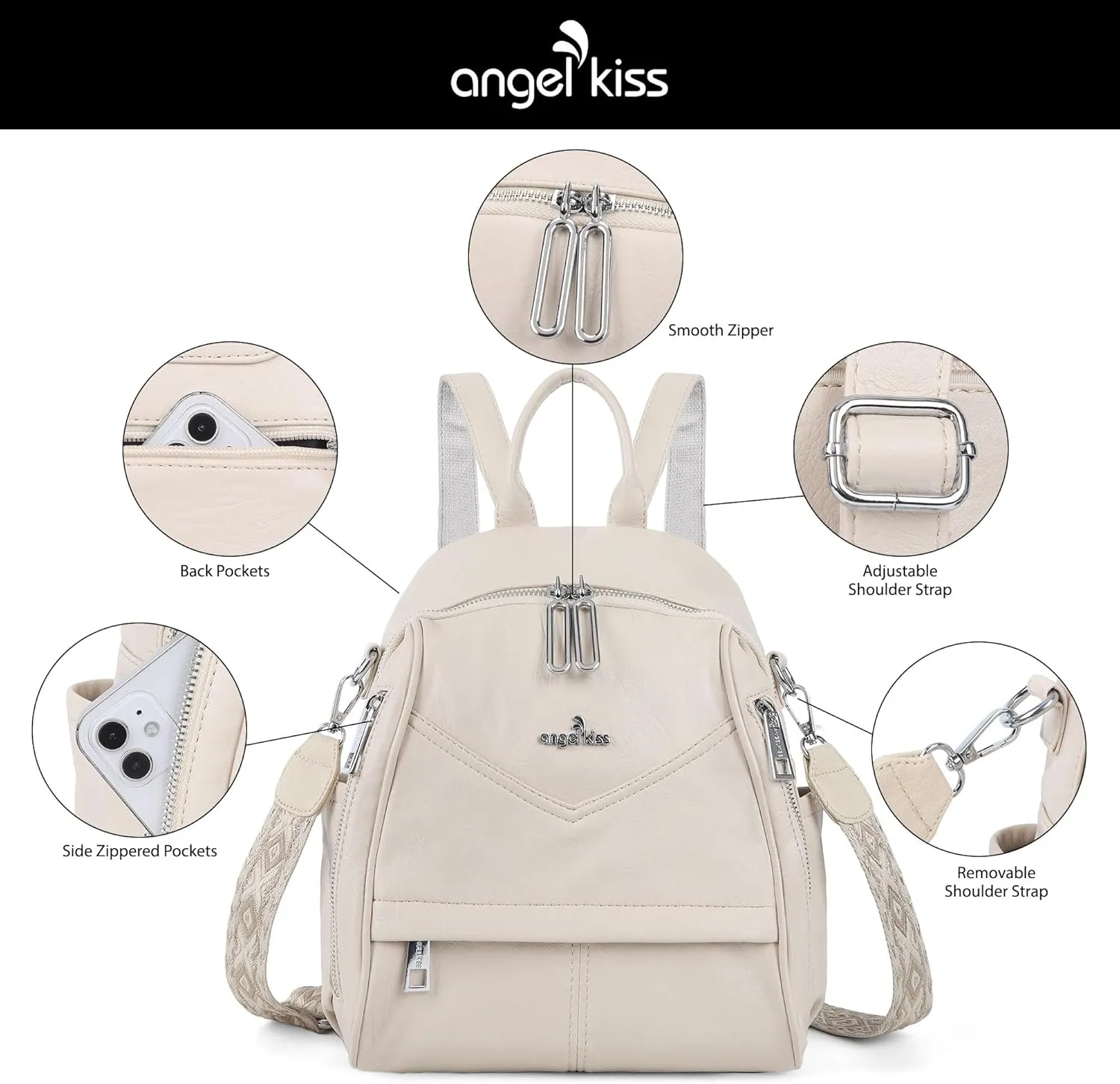 Angel Kiss Small Backpack Purse for Women,Soft Vegan Leather Roomy Backpacks,Designer Ladies Shoulder Backpack Fashion Handbag with Removable Strap,Beige