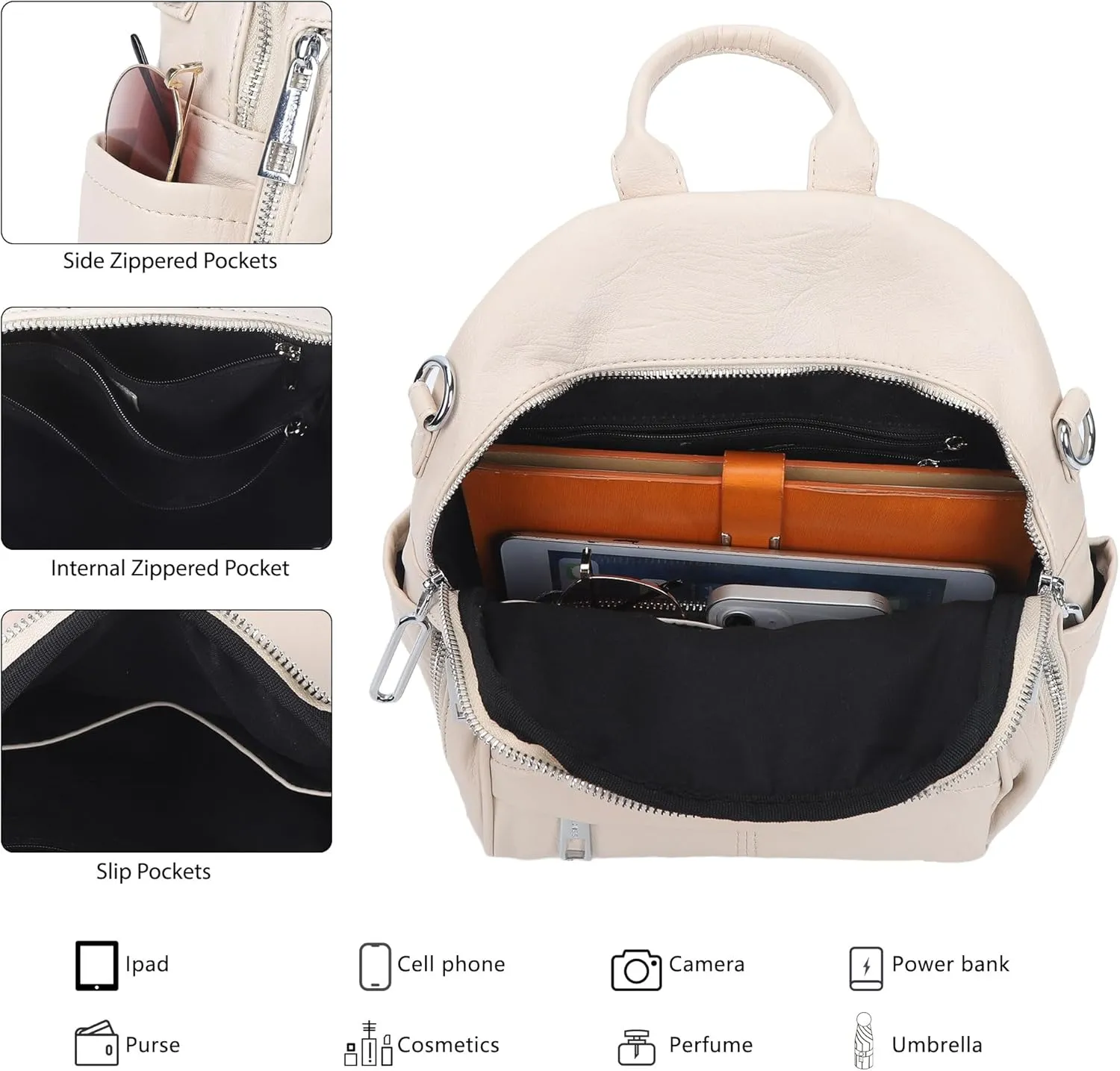 Angel Kiss Small Backpack Purse for Women,Soft Vegan Leather Roomy Backpacks,Designer Ladies Shoulder Backpack Fashion Handbag with Removable Strap,Beige