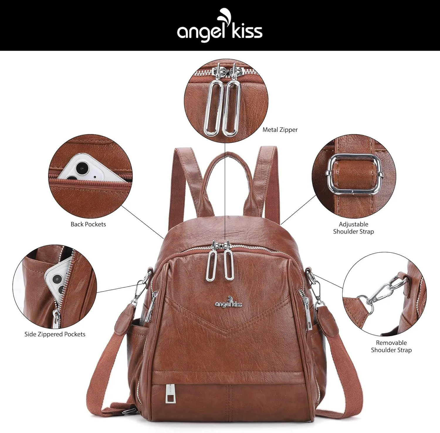 Angel Kiss Small Backpack Purse for Women,Soft Vegan Leather Roomy Backpacks,Designer Ladies Shoulder Backpack Fashion Handbag with Removable Strap,Brown